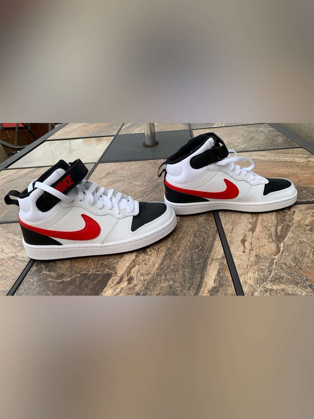 NEW Nike Kids White Black Red High-Top Sneakers with Strap